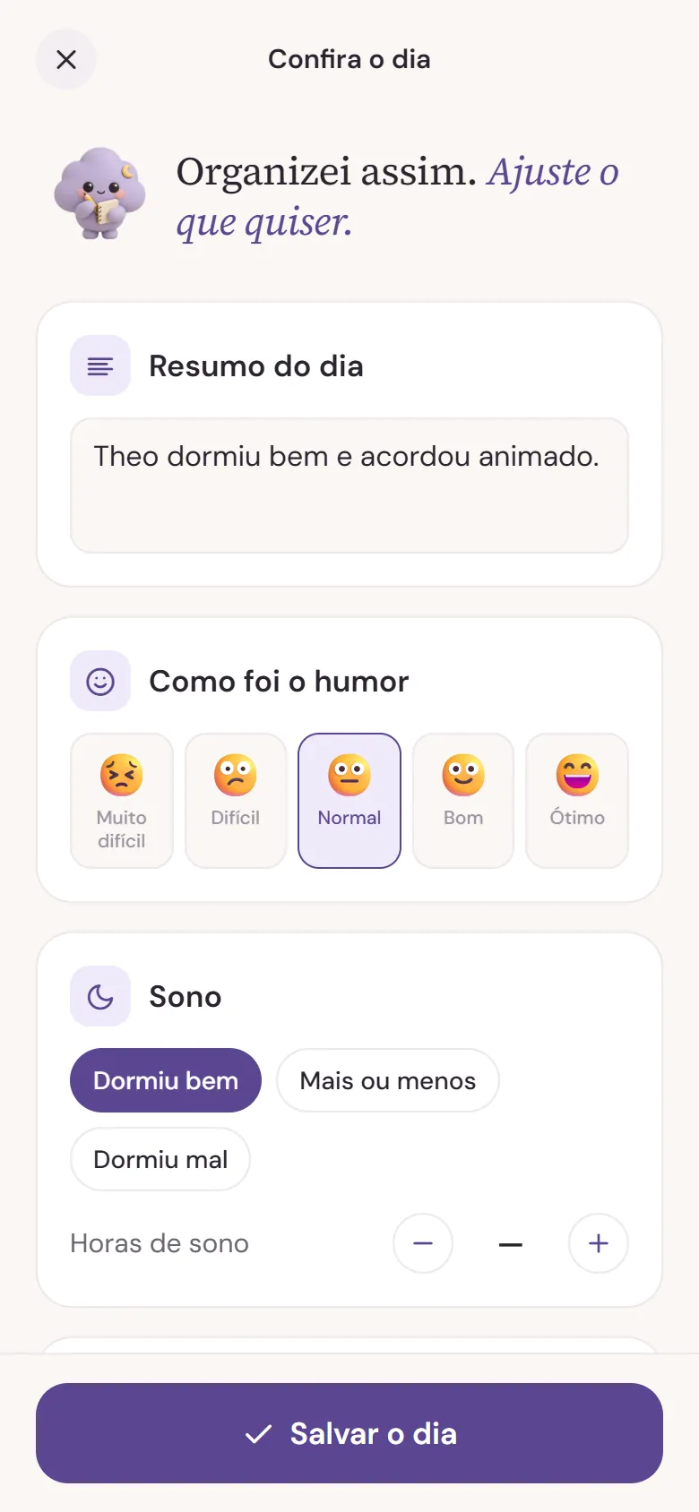 Tela do Nimbo: “Organizei assim”, com resumo do dia, humor e sono