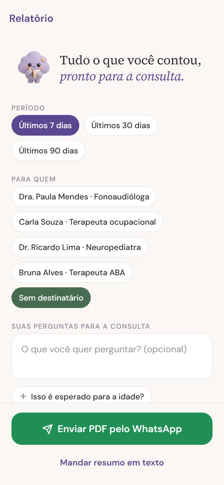 Tela do Nimbo: relatório pronto para a consulta, com o botão “Enviar PDF pelo WhatsApp”
